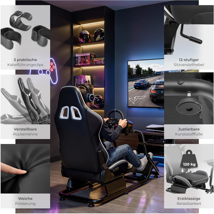 Ігровий симулятор Sim Racing Cockpit tectake® для Fanatec, Logitech, Thrustmaster, регульоване гоночне крісло GT-Style, сталевий каркас, до 120 кг, чорний