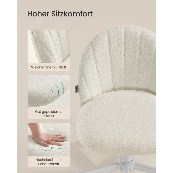 Офісний стілець SONGMICS з м'яким сидінням (фліс), регульована висота, кремово-білий - для дому, офісу, спальні