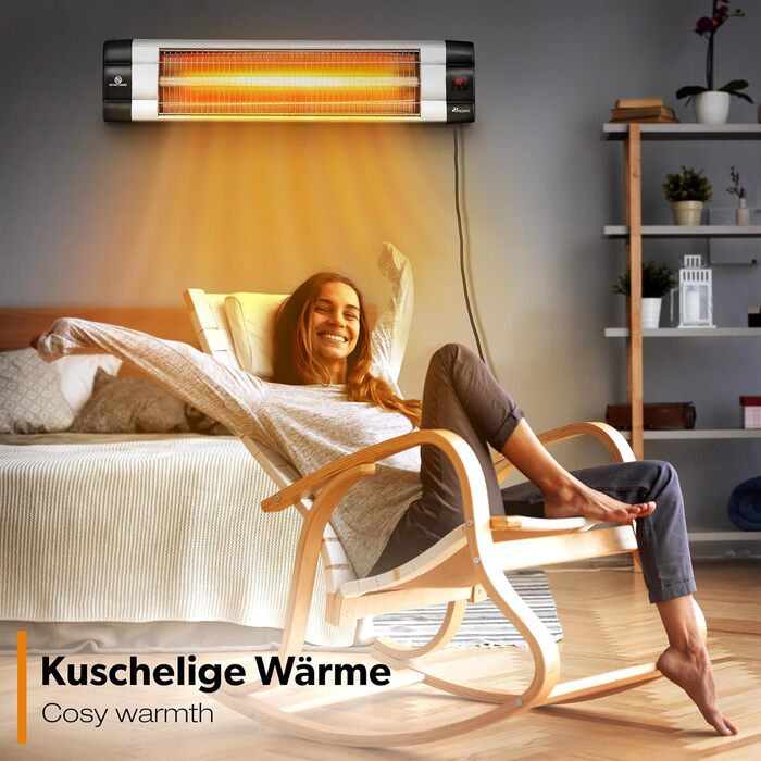 Інфрачервовий обігрівач TRESKO 2500W з пультом дистанційного керування | Тепловий струмінь для тераси, електричний, 3 режими | Тепловий струмінь для тераси, внутрішній та зовнішній | Настінний інфрачервовий обігрівач з LED-дисплеєм, кварцовий (срібний)