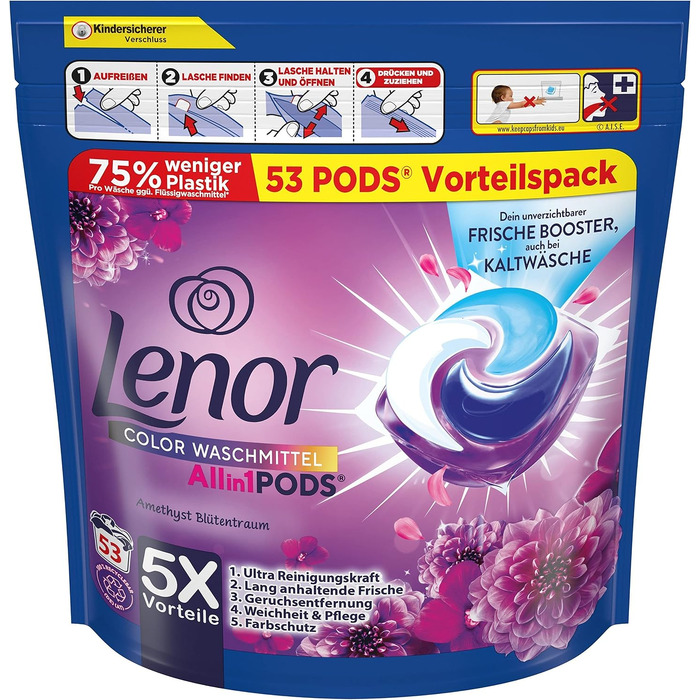 Капсули для прання кольорових речей Lenor All-in-1 PODS Amethyst Blütentraum, гігієнічне глибоке очищення та тривала свіжість, 53 шт