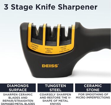 Deiss PRO 3-ступеневий точило для ножів кухонних та кишенькових - професійний точило для ножів шеф-кухаря, мисливських та керамічних - безпечне відновлення та полірування гострих лез (ORANGE)
