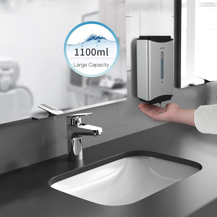 AIKE Automatic Stainless Steel Soap Dispenser - 1100ml Commercial Wall Mounted Soap Dispenser with Window, AK1206 Brushed Stainless Steel