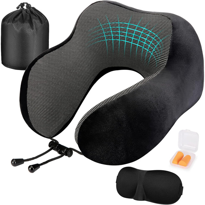 Подушка для шиї Eono з Memory Foam, ергономічна, для подорожей, з маскою для сну та навушниками, чорна