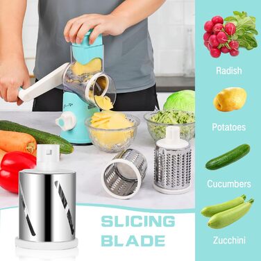 Ручна тертка для сиру та овочів Diealles Shine з ручкою, 3 змінні леза з нержавіючої сталі, для сиру, овочів, горіхів, кави (блакитна)