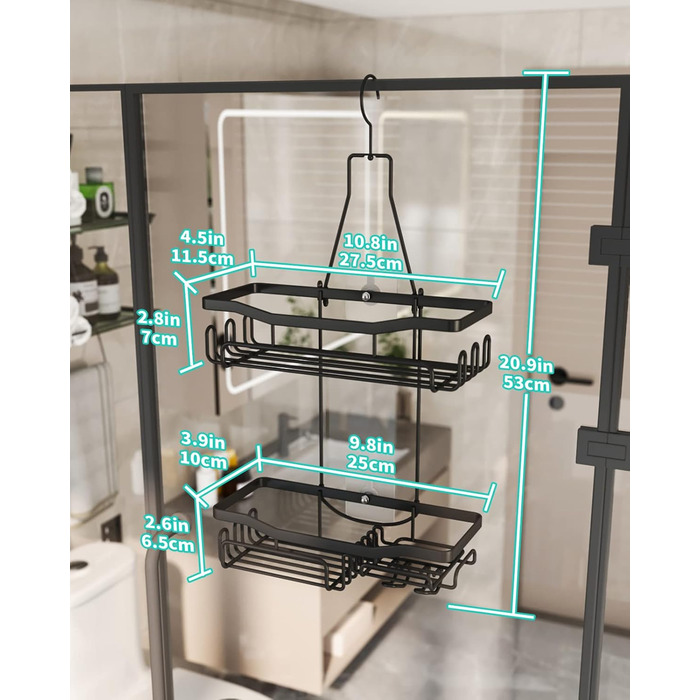 HapiRm Shower Shelf to Hang with Razor Holder & Soap Holder, Hanging Shower Shelf with Multiple Hooks - High-Quality Hanging Shower Basket Stainless Steel No Drilling, Black