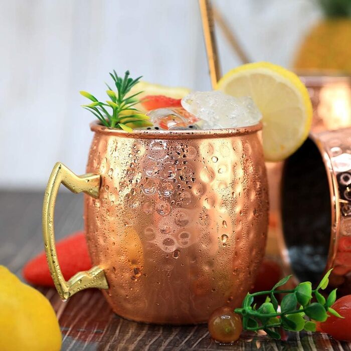 LINALL Moscow Mule Mug - 4-Piece Set, copper-plated stainless steel mugs, 550ml for chilled drinks - Copper