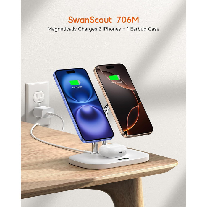 Бездротова зарядка SwanScout для iPhone 17/Air, AirPods Pro 3/2, 2 телефони (біла)