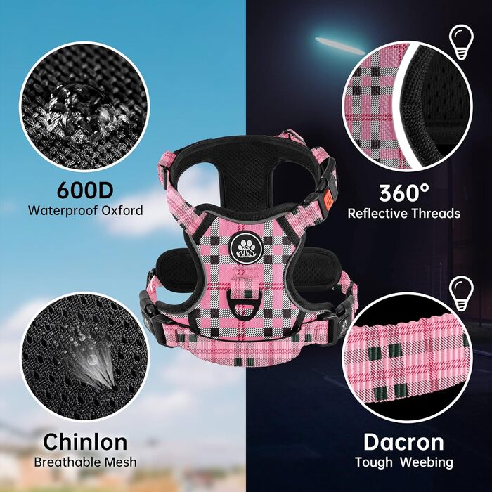 Шлейка для собак середнього розміру NESTROAD, розмір M, анти-тягнуча, з гамаком, безпечна, для собак, середній розмір, обхват шиї 33~43 см, обхват грудей 43~64 см, з підкладкою, рожевий принт