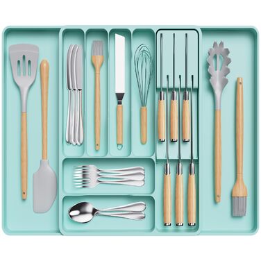 Органайзер для столових приборів Lifewit в шухляду, розширюваний, з відділенням для ножів (40 см, бірюзовий)