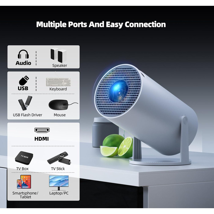 4K Міні проєктор Smart Beamers з WiFi 6, Bluetooth 5.0, поворотний 220°, Android 11.0 для дому та дітей. Підтримка HDMI, TV-Stick, USB, Laptop. Роздільна здатність 6-720p