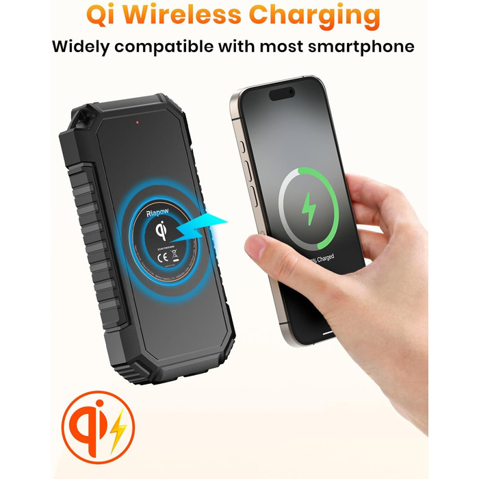 Powerbank Riapow сонячний бездротовий 26800mAh: акумулятор з USB-C, LED-ліхтарик для смартфона, планшета, кемпінгу (чорний)