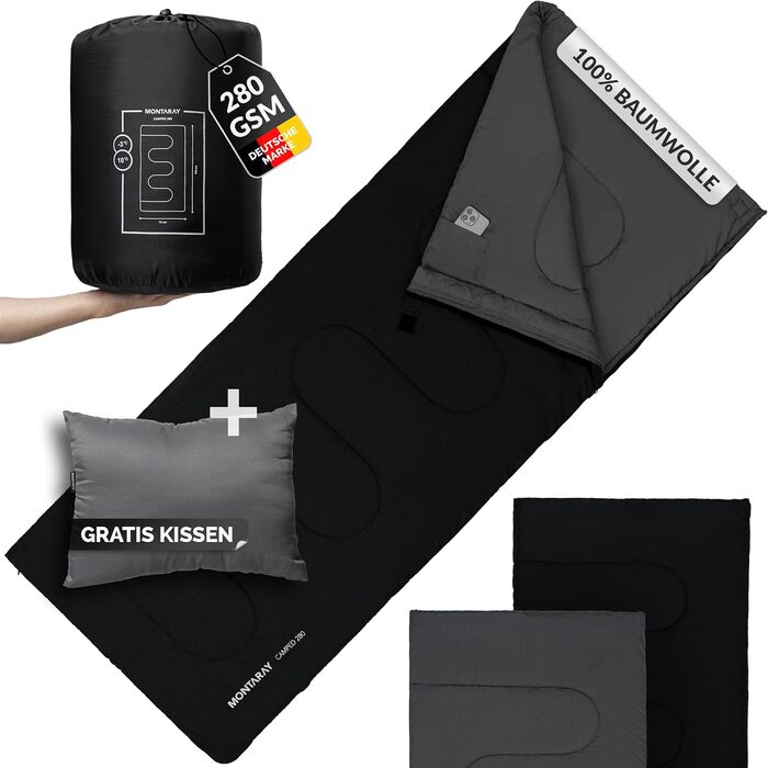 MONTARAY® 100% Cotton Sleeping Bag - Warm Outdoor & Summer Sleeping Bag for 3-4 Seasons - Includes Pillow - Hut Sleeping Bag for Men & Women - Black (75x190cm)