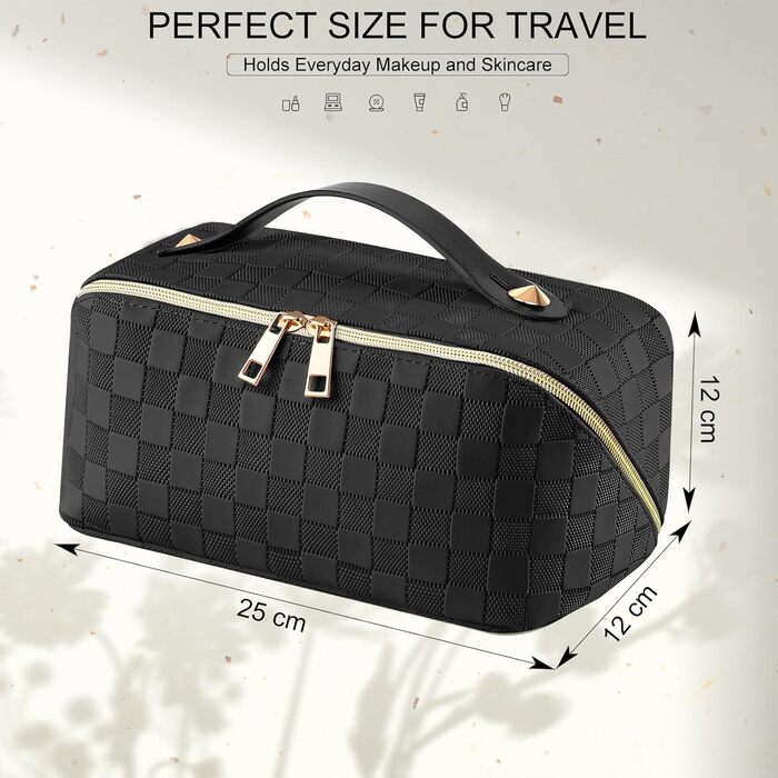 Косметичка для подорожей жіноча, велика містка, з PU шкіри, органайзер для макіяжу, культбагаж, косметичка для подорожей, аксесуари для подорожей, чорно-біла в клітинку