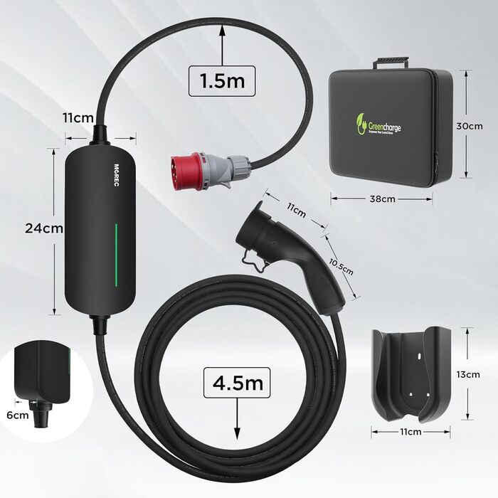 Morec Mobile Wallbox 11kW Type 2 6-16A 380V – Портативна зарядна станція для електромобілів з CEE 16A 6м