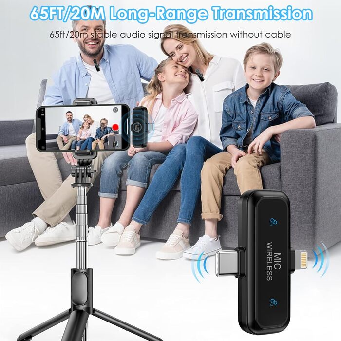 Навушники-мікрофон Laqula 2-в-1 бездротові петличні для iPhone, iPad, Android, камери, USB-C, 2 шт., шумозаглушення, кристально чиста якість запису для відео, Vlog, YouTube, TikTok, інтерв'ю, чорний