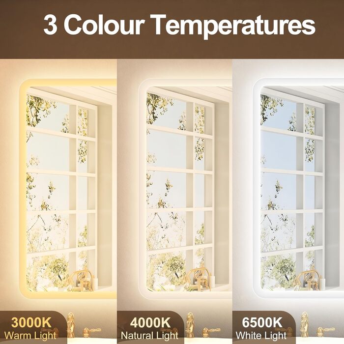 Дзеркало для ванної кімнати Starlead з підсвічуванням 100x70 см, Bluetooth, антизапітніння, регулювання яскравості, 3 кольори світла, функція пам'яті, IP44, LED, горизонтальне/вертикальне, HD скло, Madrid Silver (Bluetooth)