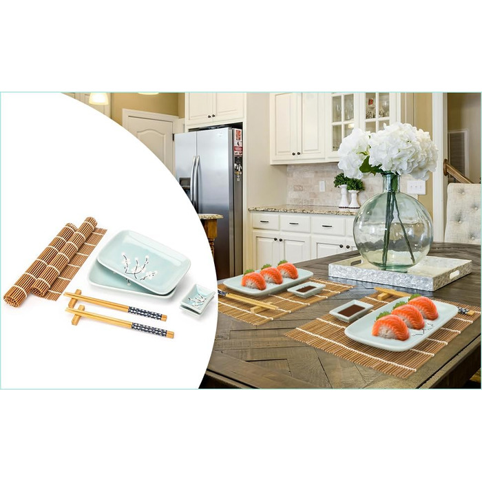 Набір для суші Exzact (10 шт.) – 2 тарілки, 2 миски для соусу, 2 підставки під столові прилади, 2 пари паличок для їжі – високоякісний фарфор, у подарунковій коробці – блакитний колір