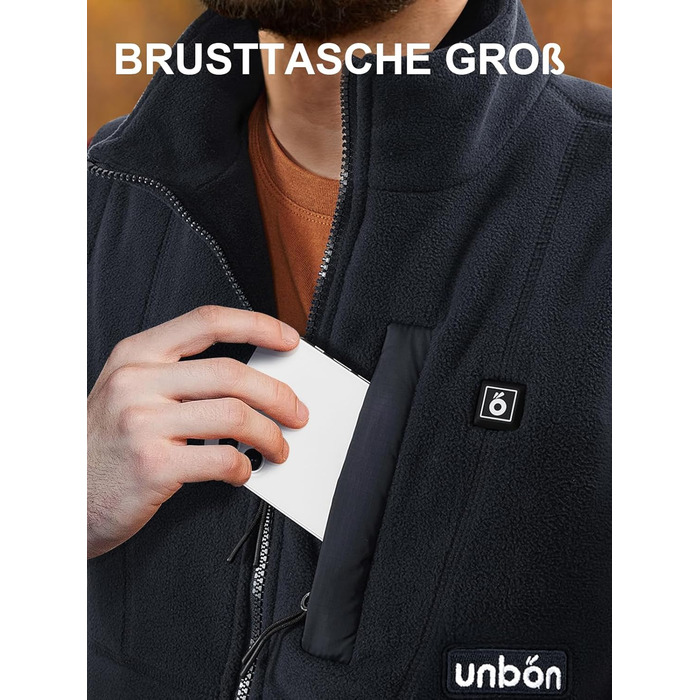 UNBON Грівальна жилетка для чоловіків, флісова жилетка з підігрівом, Powerbank 10000mAh, USB, 3 режими нагріву, 6 зон нагріву, чорний