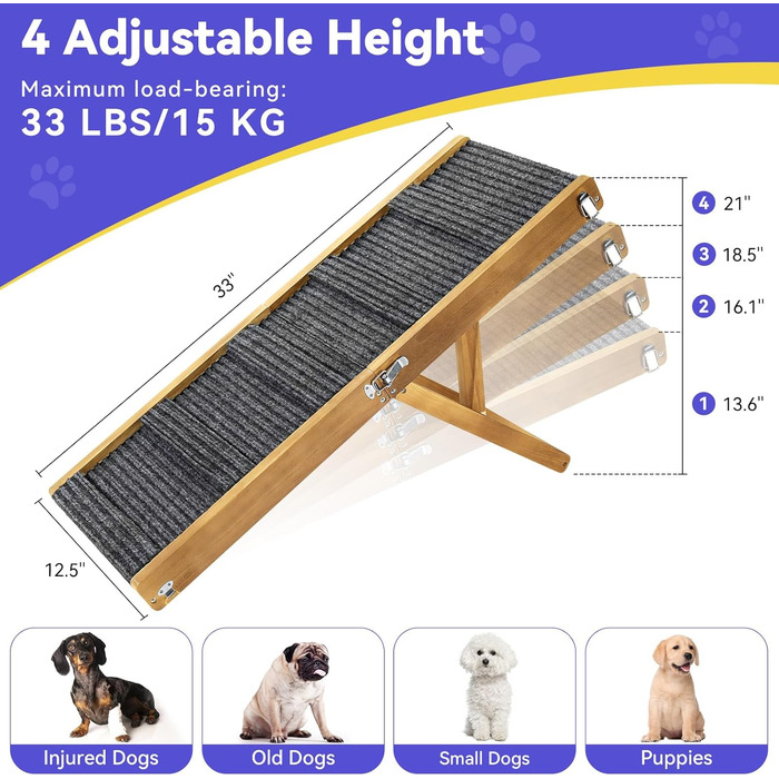Pawaboo Рампа для собак, дерев'яна, регульована висота, до 143lbs, 80x30см, горіх