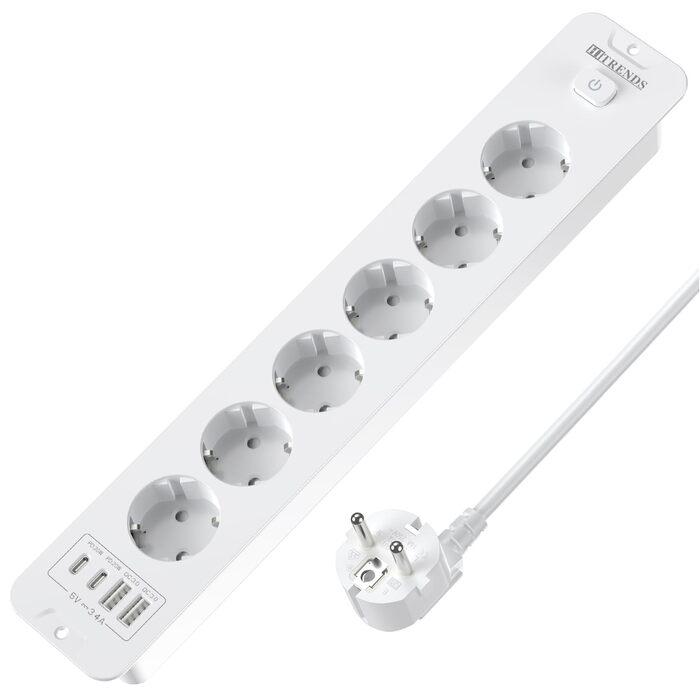 Мережевий фільтр 6-фазовий з USB-портами (4 USB-A, 2 USB-C), з вимикачем, білий, PD 20W