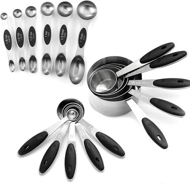 Yokawe Measuring Cups, Stainless Steel, Multi-Purpose Spice Ingredients, Magnetic, for Home, Black, 16 Piece