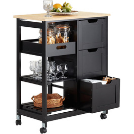 SoBuy Rolling Kitchen Cart with 2 Removable Shelves and 1 Tray - White/Black