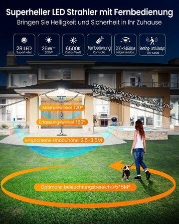 MEIKEE 60W LED Floodlight with Motion Sensor, 5900LM, 6500K Cool White, 3 Modes, 10 Brightness Levels, LED Floodlight with Sensor, IP66 Waterproof Spotlight for Garden, Garage, Sports Field (25 Watt)