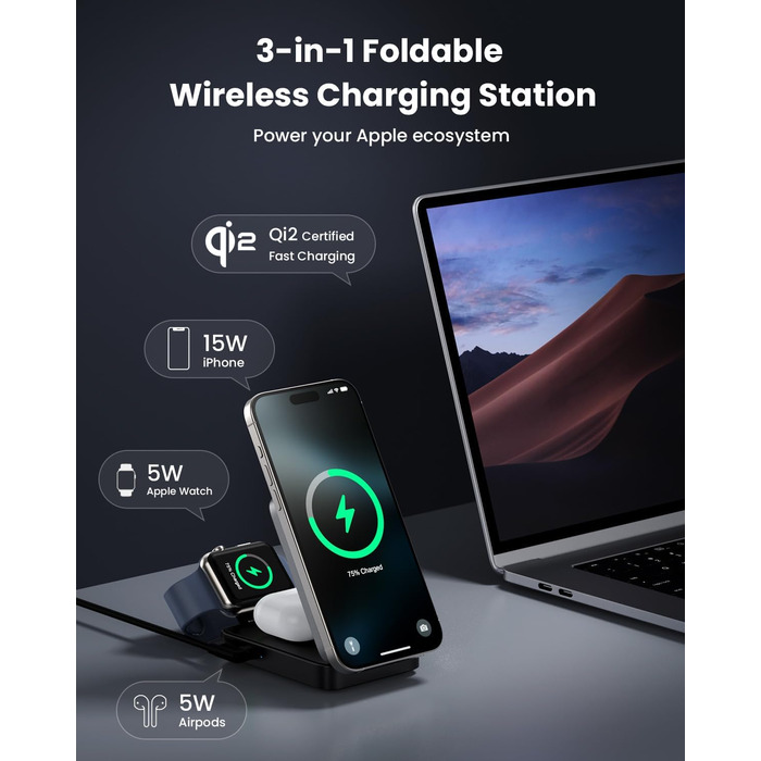 Багатофункціональна бездротова зарядка 3 в 1 з MagSafe для iPhone та Apple Watch, AirPods (білий/чорний)