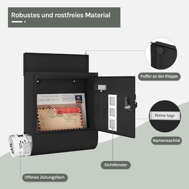 Поштовий ящик WOLTU з газетницею, оглядовим вікном та табличкою для імені, настінний, замиканий (2 ключі), сучасний дизайн, чорний (30,5x33,5x9 см)