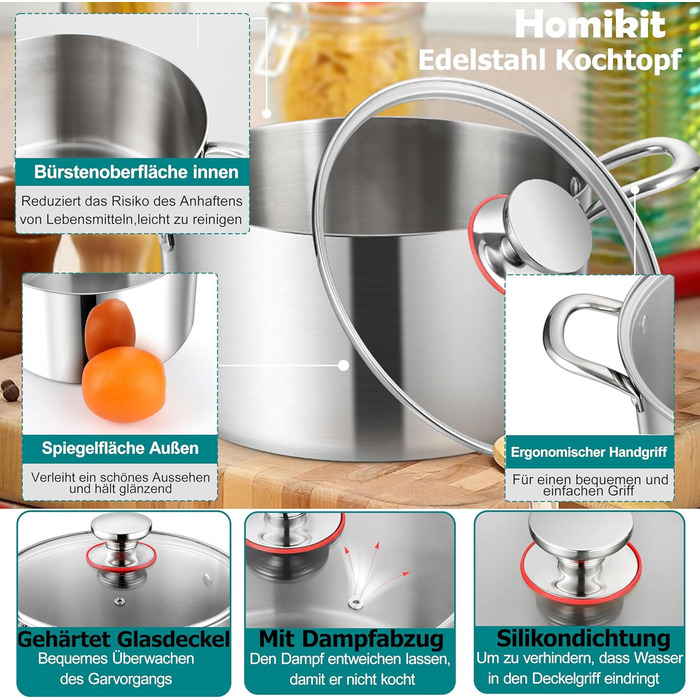 Каструля Homikit 20 см, 3.3 л, нержавіюча сталь з тришаровим дном, з кришкою з термостійкого скла, для всіх типів плит, не має покриття, здорове приготування, можна мити в посудомийній машині