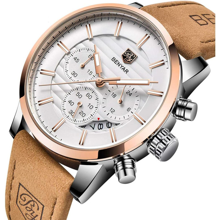 Годинник чоловічий Benyар Chronograph з кварцовим механізмом, водонепроникний, з нержавіючої сталі, для бізнесу, спорту та відпочинку (колір: коричневий, золотий, білий)
