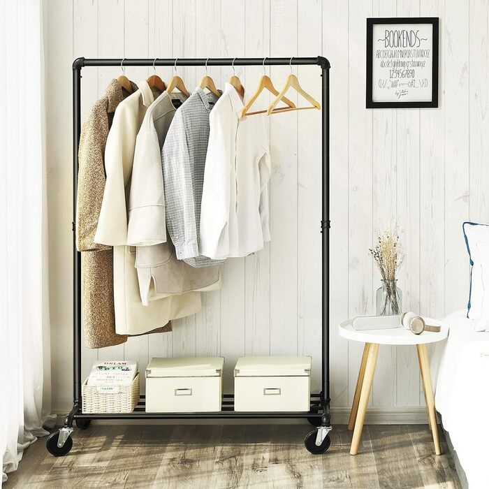 SONGMICS Clothes Rack, Garment Rod, with Wheels, Load Capacity up to 90 kg, Coat Rack with 1 Garment Rod and Shelf, Industrial Design, for Bedroom, Laundry Room, Black HSR61BK