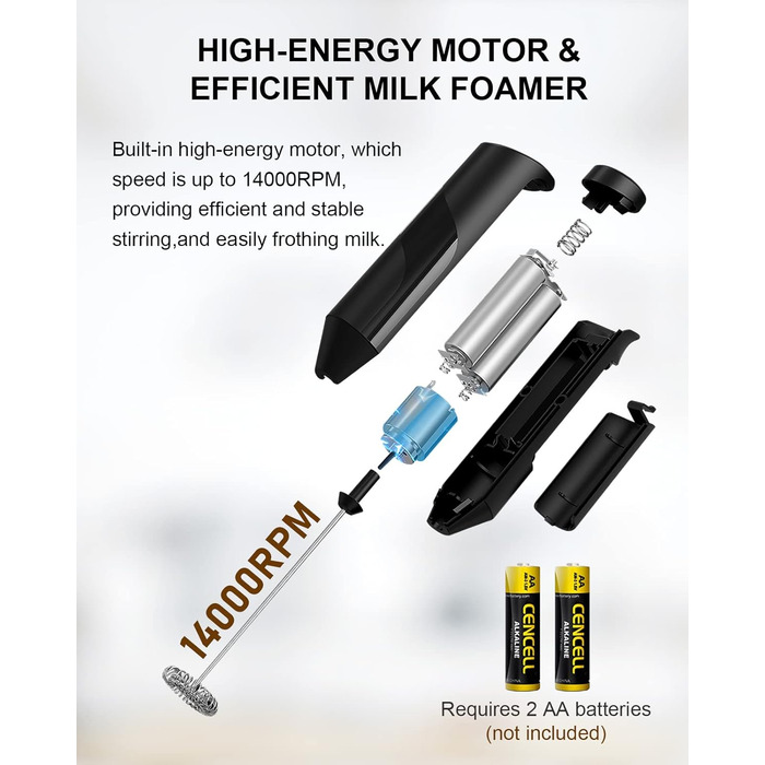 COKUNST Ручний пінозмішувач для молока: електричний міні-змішувач для матча, кави, гарячого шоколаду та фраппе - чорний (без підставки)