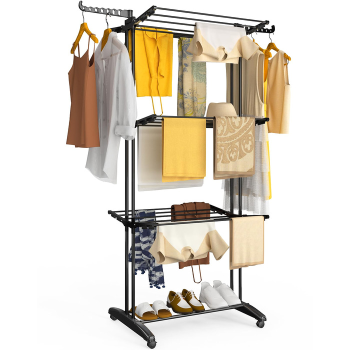 Вounot® Сушарка для білизни Торгова вежа, 4 яруси, компактна, складна, з колесами та бічними крилами, сушильна вежа для дому та вулиці, 125x62x173 см, чорна