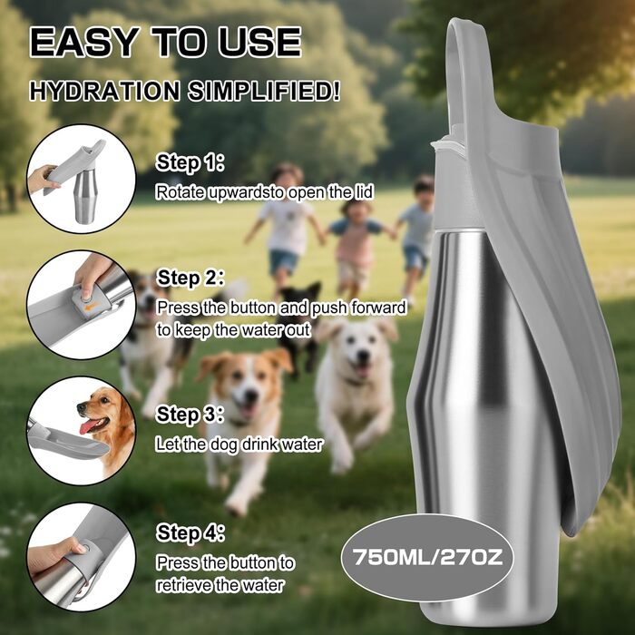 Водяна пляшка для собак на прогулянці 750 мл - витоки неможливі, нержавіюча сталь, подвійні стінки, ізольована, сірий колір
