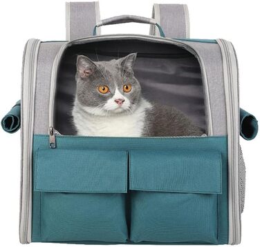 Транспортна сумка для тварин: котів та собак до 10 кг, рюкзак-переноска, велика, з 4 входами, 3 кишені, дихаюча, складана, для подорожей, схвалена авіакомпаніями, універсальний розмір (зелений)