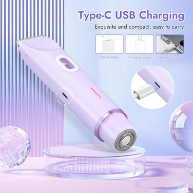 Електричний жіночий тример 2-в-1 для обличчя, тіла та брів, водонепроникний, фіолетовий