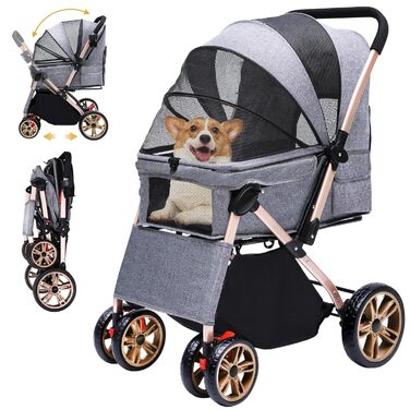 Візок для собак DWVO 3-в-1: візок, переноска, сумка. До 22 кг, EVA-колеса, сітчасті вікна, сірий (58.5x76x105cm)