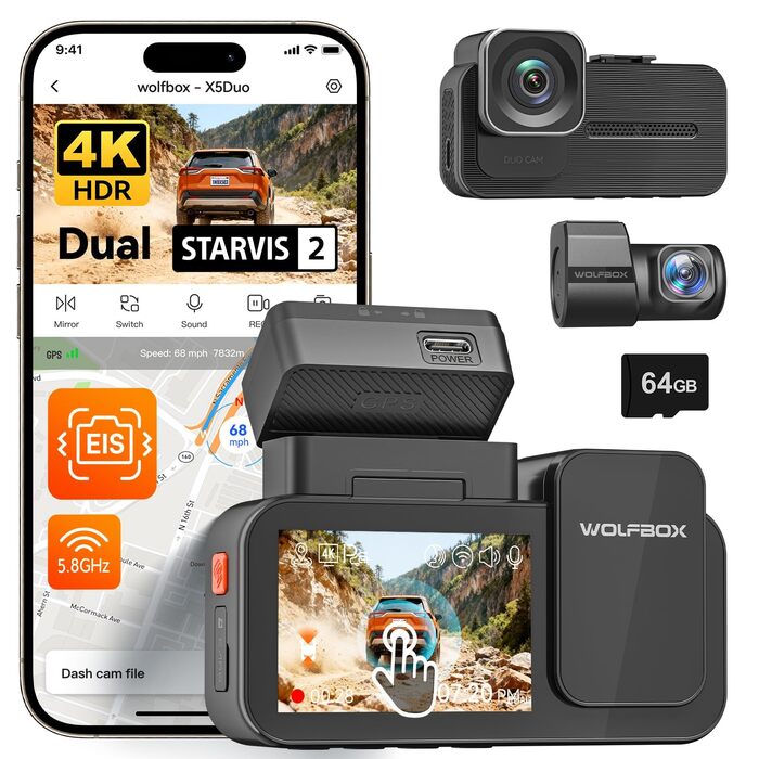 Автомобільний відеореєстратор WOLFBOX X5 Duo 4K+2.5K з передньою та задньою камерами, HDR, GPS, Wi-Fi 5.8 ГГц, сенсорним екраном та карткою пам'яті 64 ГБ