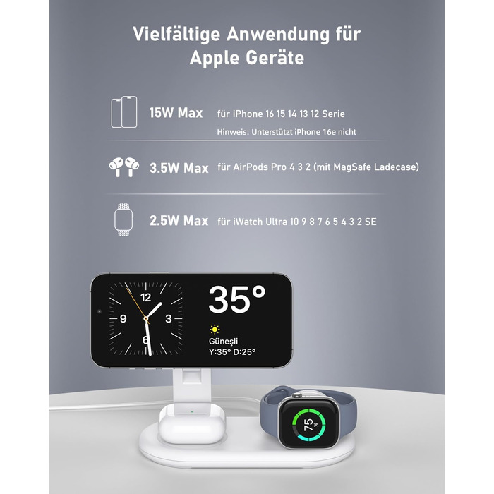 Портативна зарядная станція 3-в-1 для Apple Watch та iPhone з MagSafe, сумісна з iPhone 17, 16, 15, 14, 13, 12, AirPods Pro (біла)