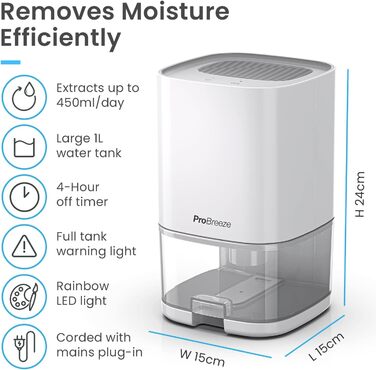 Електричний осушувач повітря Pro Breeze 1000 мл з таймером та нічним світлом - для ванної, спальні, шафи, підвалу - білий