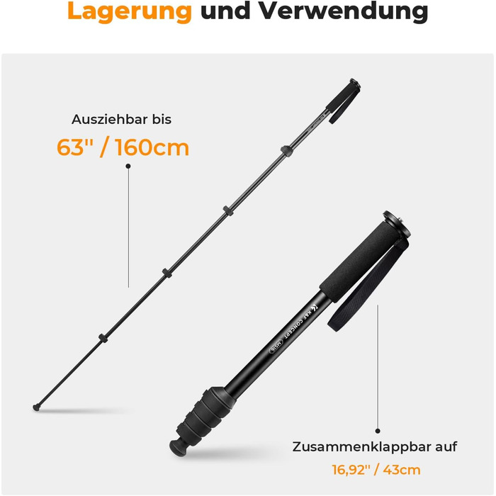 Монопод K&F Concept MS16 - 160см, алюміній, 5 секцій, для DSLR/DSLM/компактних камер