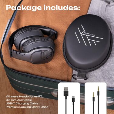 PowerLocus P7 Бездротові навушники Over-Ear, складні, з басами, Hi-Fi стерео, з функцією гучного зв'язку, USB-C зарядка, довгий час роботи, для iPhone/PC/TV, чорний
