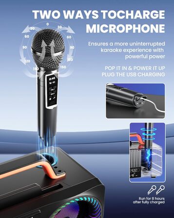 Караоке-машина для дорослих та дітей, портативна Bluetooth-система 80W – 2 бездротові мікрофони, регулювання ехо, USB/AUX-роз'єми, ідеальний подарунок для вечірок на природі