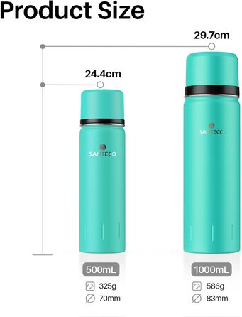 Термос-термокана Santeco з нержавіючої сталі, 1л, 500мл, з антивитіканням, ізольована пляшка з кришкою-чашкою для подорожей, термос для кави та чаю для дітей, спорту, без BPA, 24 години холод & 12 годин гарячий (зелений джунглів, 1000 мл)