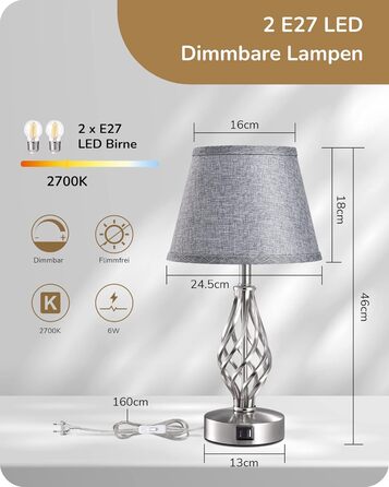 LED-лампа на тумбочку EDISHINE, 2 шт. в наборі, торшери з USB, диммування, сірий абажур, для спальні, вітальні, подарунок