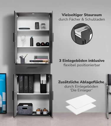 Multi-purpose cabinet 60cm wide with drawers 'The Practical', small office cabinet or filing cabinet, also usable as a shoe cabinet or storage cabinet in 60x90x34 cm (W/H/D) in White (Height 180CM, Anthracite Black)