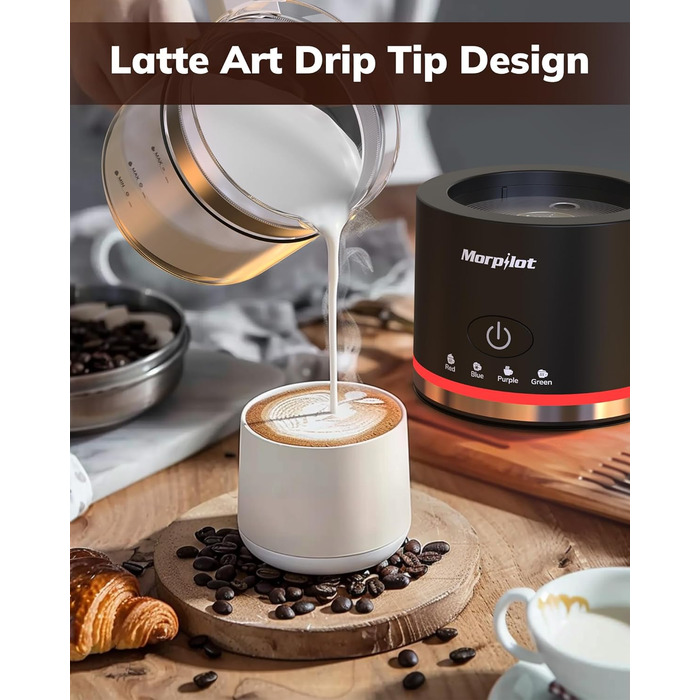 Morpilot Milk Frother Electric, 500ml 600W, 4 in 1 Milk Frother for Hot and Cold, Dishwasher Safe, Visual Glass, Latte Design, White (Black)