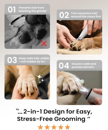 Триммер для стрижки кігтів та стрижка кігтів для собак 2 в 1, безшумний, акумуляторний, електричний, для великих, середніх та маленьких собак, білий