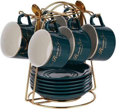 Набір кавових чашок капучіно з блюдцями (6 шт., 150 мл), порцелянові чашки з золотим декором, британський королівський фарфор (білий, Brillantblau)